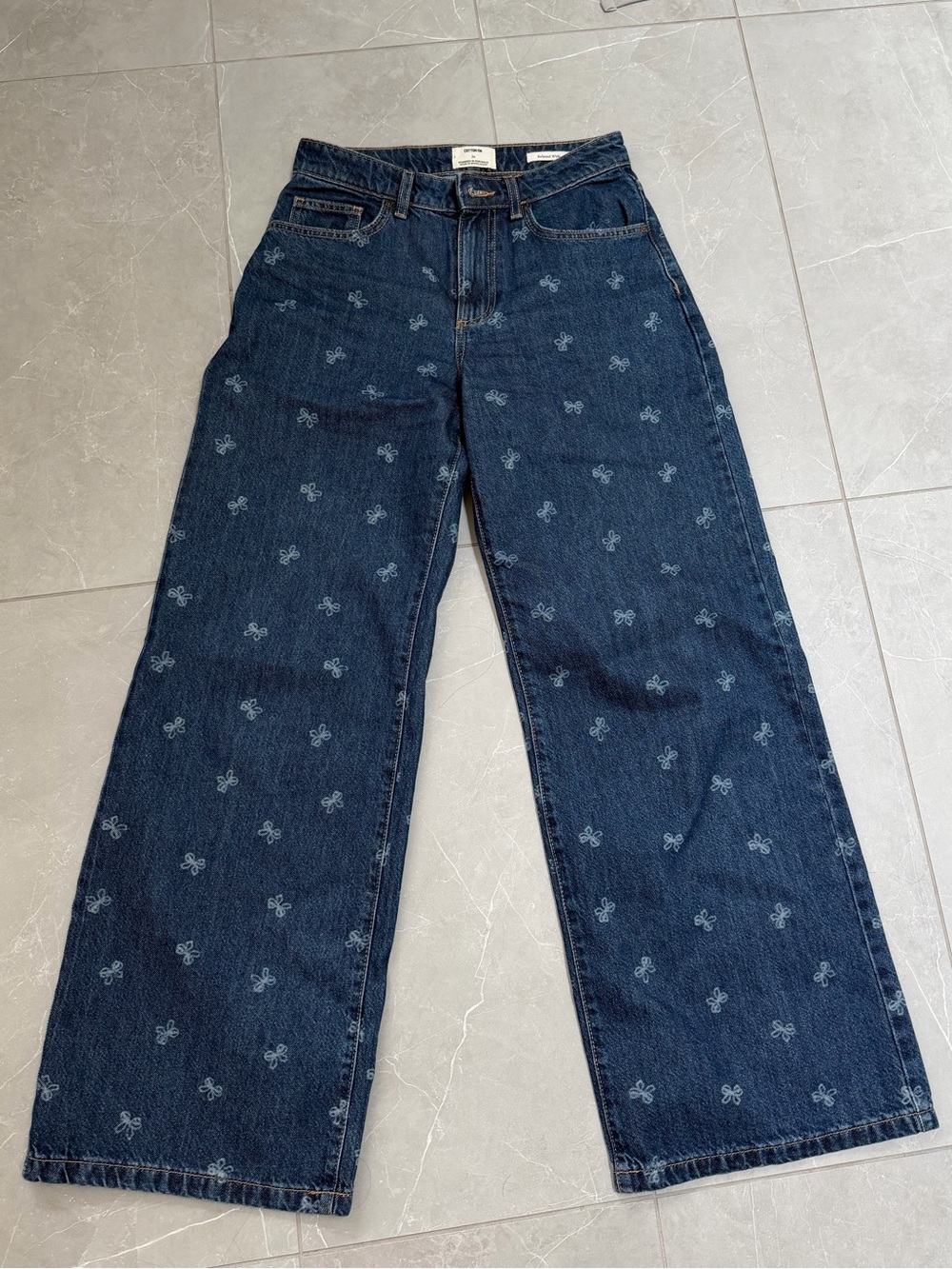 Cotton On Dark Blue Wide-Leg Jeans with Subtle Bow Print